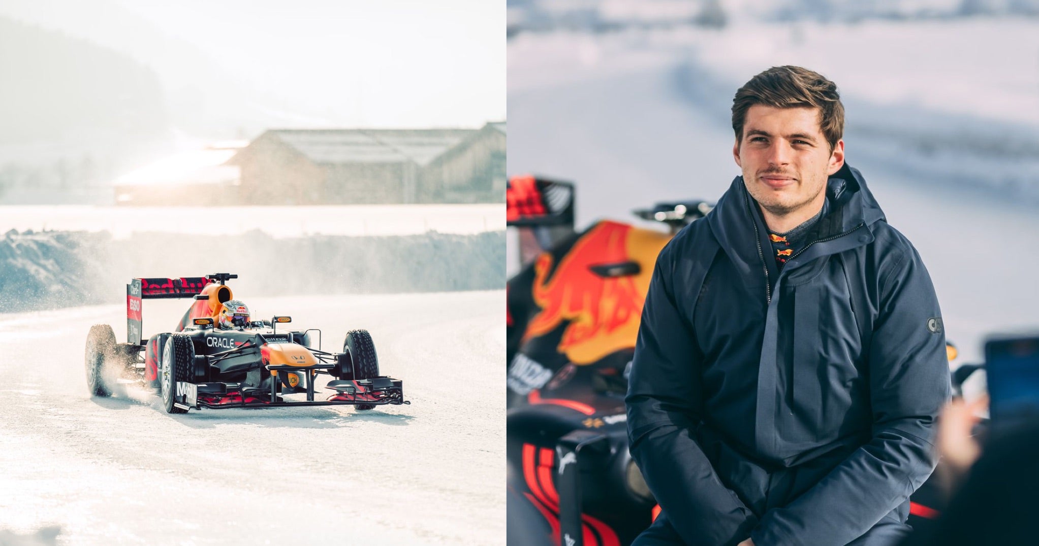 <span>(Left) F1 World Champion Max Verstappen drives Red Bull Racing&rsquo;s 2012 title-winning RB8 on the 2022 GP Ice Race circuit</span> <br/><span class="caption-sub"><em>Photo credit: Max Zappolino </em></span><br/><span>(Right) Red Bull Racing&rsquo;s Max Verstappen at the 2022 GP Ice Race. This was his first experience operating an F1 car on ice and his first drive using the champion No. 1 license plate</span> <br/><span class="caption-sub"><em>Photo credit: Stephan Bauer </em></span><br/>